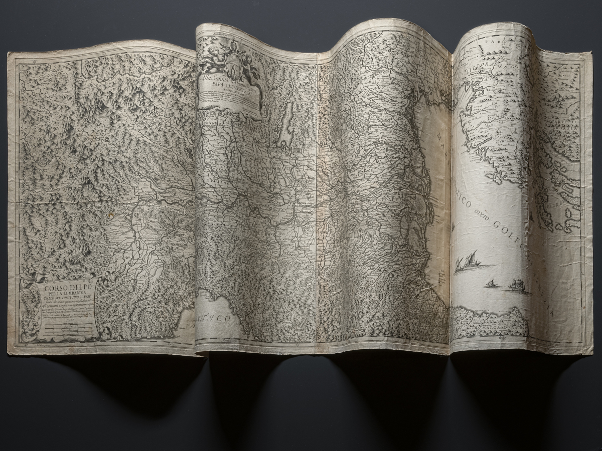 Agostino Cerruti, Corso del Po per la Lombardia dalle sue fonti sino al mare, 1702, incisione in rame, Raccolta Sanfelici