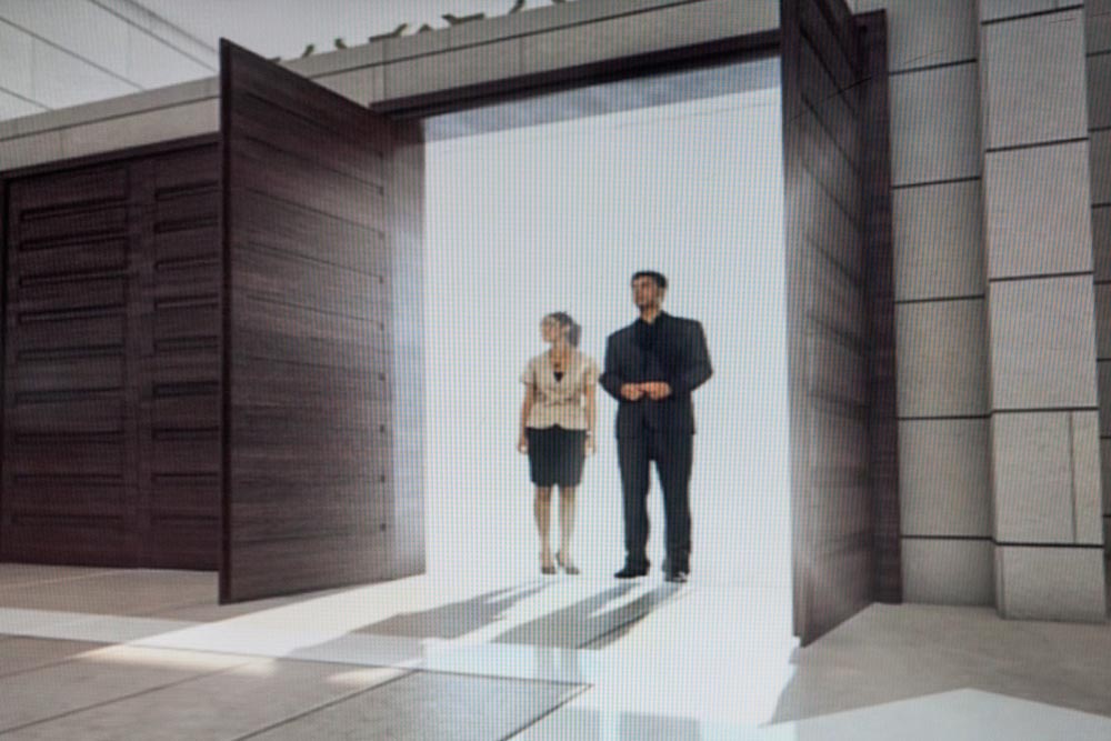 Andrea e Magda Birth of a Utopia Dec 2015, Rawabi, Palestine. Shot from a promotional 3D video screened in the visitor centre of the city. In the video, these doors open to the future mall centre located at the heart of Rawabi. © Andrea e Magda