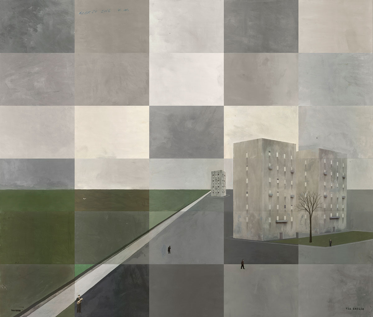 © Paolo Ventura, Via Emilia #1, 2016, Fotografia dipinta e collages, opera unica, 130 x 150 cm