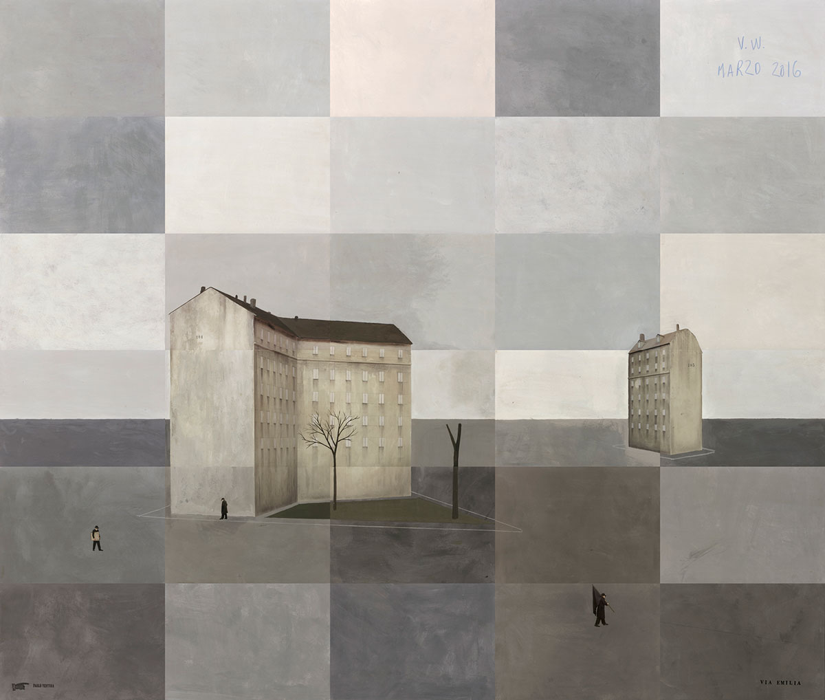 ©-Paolo-Ventura-Via-Emilia-2-2016-Fotografia-dipinta-e-collages-opera-unica-130-x-150-cm © Paolo Ventura, Via Emilia #2, 2016, Fotografia dipinta e collages, opera unica, 130 x 150 cm